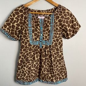 Koi Women's Brown‎ Giraffe Print Elastic Neck Pullover Scrub Top Size Small